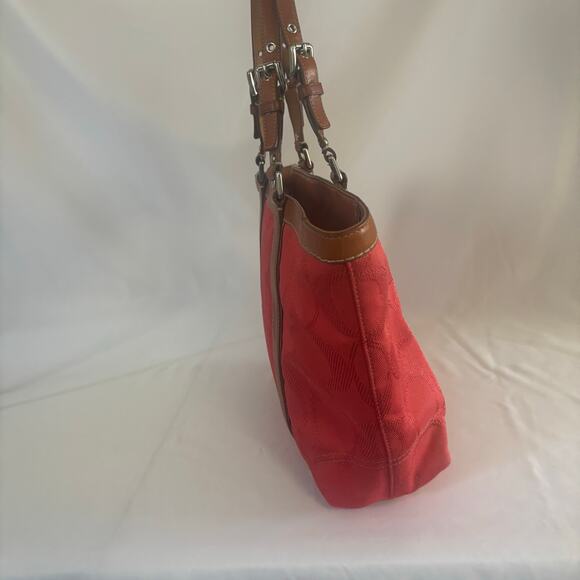 Coach Coral Signature Gallery Tote Bag Red Canvas Leather Monogram Handbag - Picture 5 of 15